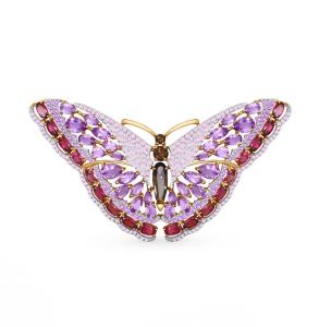 золотая брошь с родолитами, раухтопазами, аметистом и фианитами SOKOLOV 740152