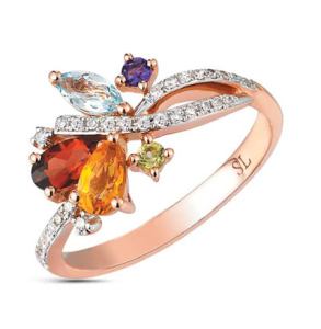 золотое кольцо с хризолитом, аметистом, топазами, гранатом, цитринами и бриллиантами