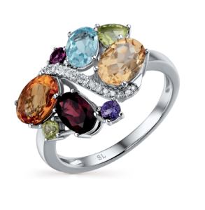 золотое кольцо с хризолитом, аметистом, топазами, гранатом, цитринами и бриллиантами