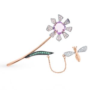золотая брошь с аметистом, фианитами и наношпинелями