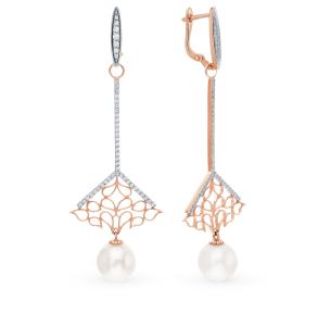 золотые серьги с фианитами и жемчугом