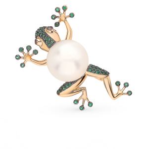 золотая брошь со шпинелью, фианитами и жемчугом