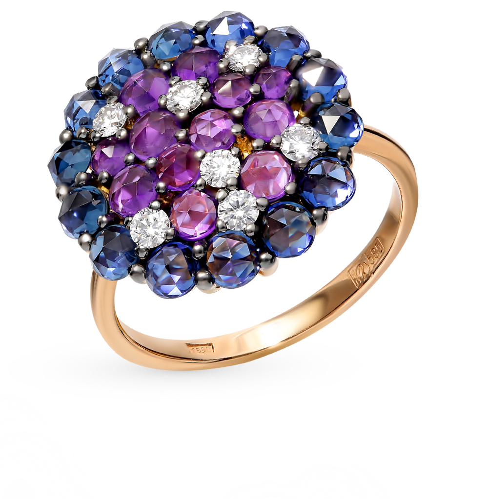 Золотое кольцо с аметистом, сапфирами и бриллиантами в Екатеринбурге