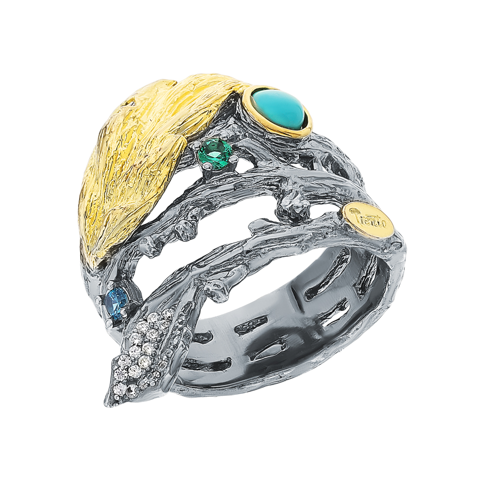 Фото «Серебряное кольцо с кубическим цирконием, со шпинелью и бирюзой»