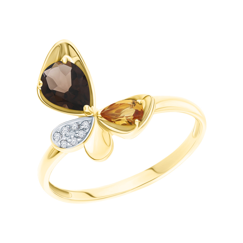 Фото «Золотое кольцо с цитринами, фианитами и кварцами дымчатыми»