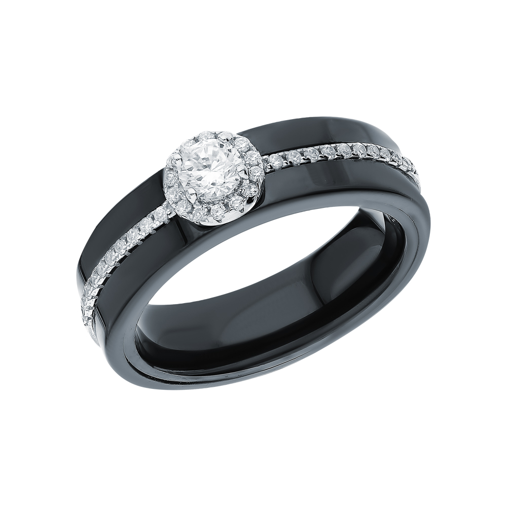 Фото «Керамическое кольцо с кубическим цирконием и серебряной вставкой»
