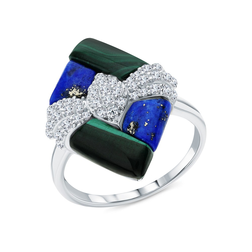Фото «Серебряное кольцо с лазуритом, фианитами и малахитом»