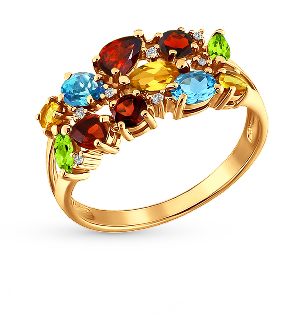 Фото «Золотое кольцо с цитринами, гранатом, фианитами, топазами и хризолитом SOKOLOV 710220»
