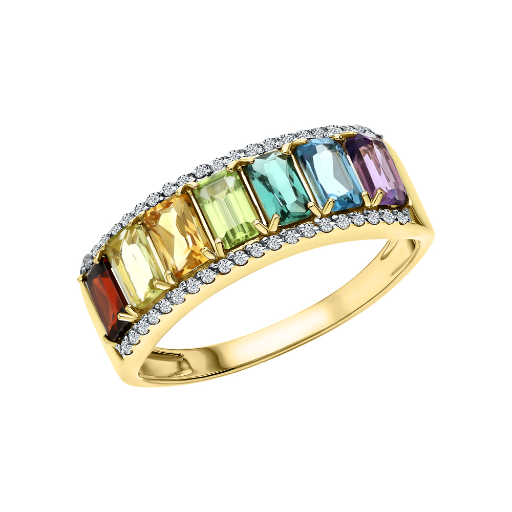 Фото «Золотое кольцо с цитринами, гранатом, топазами, кварцем, аметистом, хризолитом и бриллиантами»