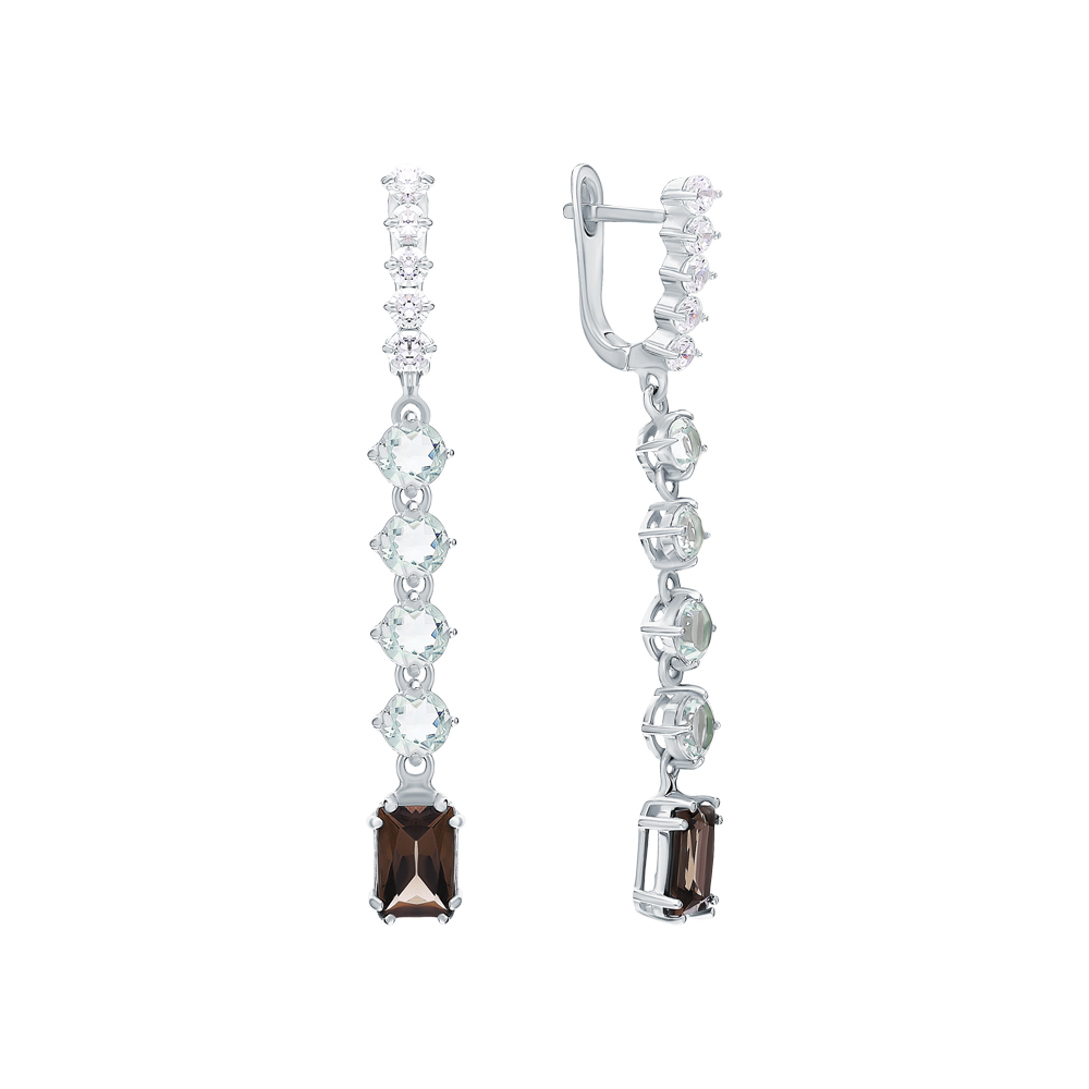 Фото «Серебряные серьги с фианитами, со шпинелью и кварцами дымчатыми»