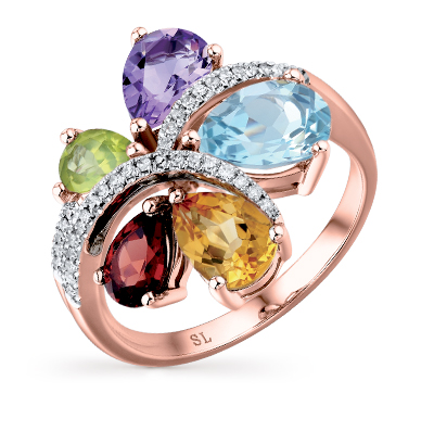 Фото «Золотое кольцо с цитринами, гранатом, топазами, аметистом, хризолитом и бриллиантами»