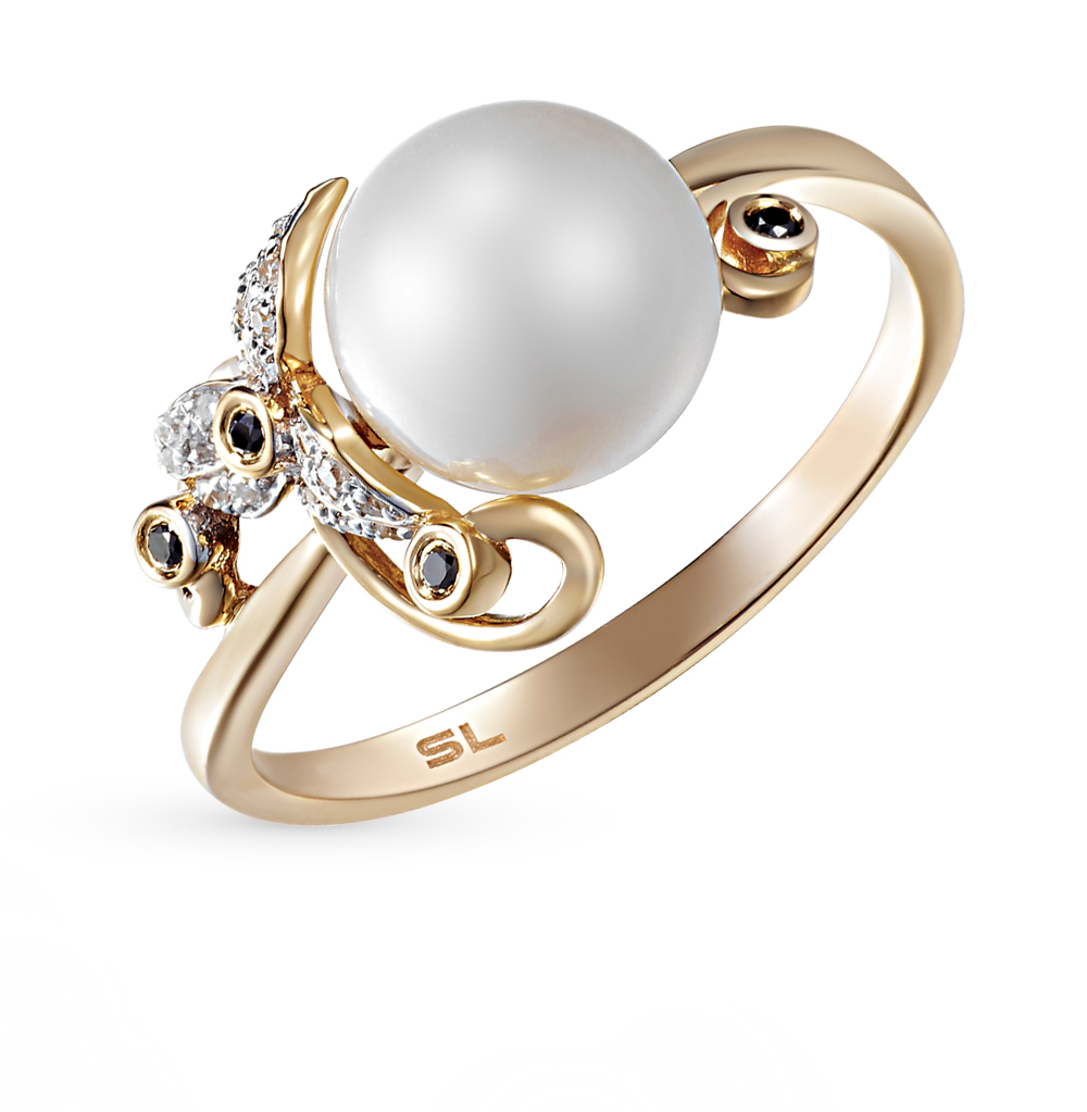 Фото «Золотое кольцо с жемчугом и черными  и белыми бриллиантами»