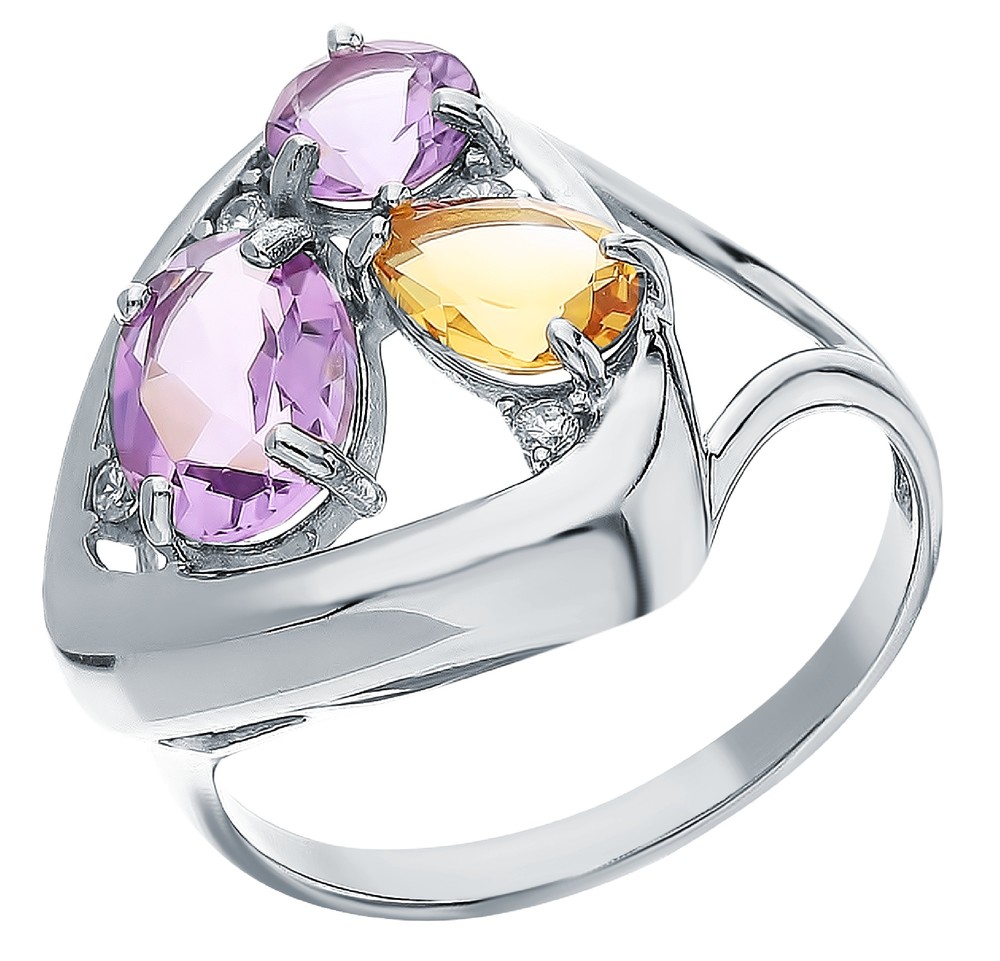 Фото «Серебряное кольцо с цитринами, фианитами и аметистом»