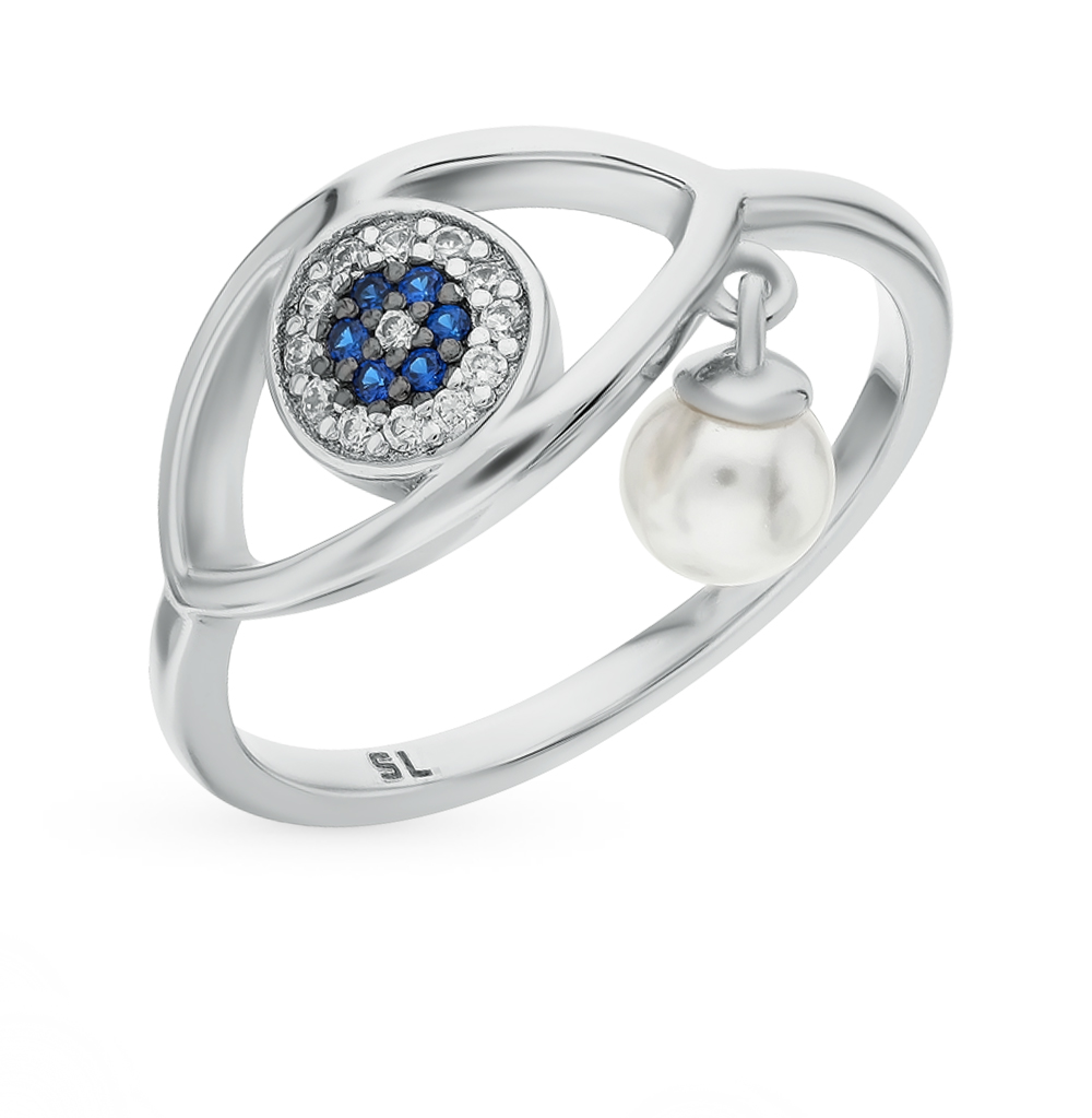 Фото «Серебряное кольцо с жемчугом, фианитами и со шпинелью»