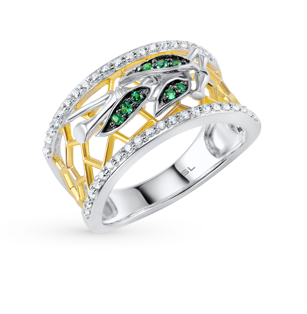 Фото «Серебряное кольцо с изумрудами и фианитами»