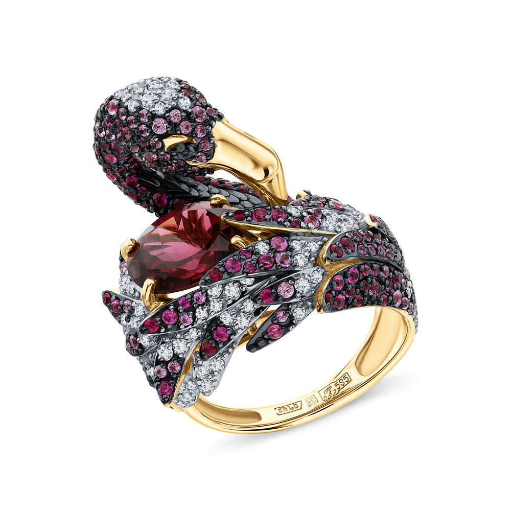 Золотое кольцо с бриллиантами и бриллиантами чёрными природными, сапфирами природными, рубинами природными и родолит природными в Санкт-Петербурге