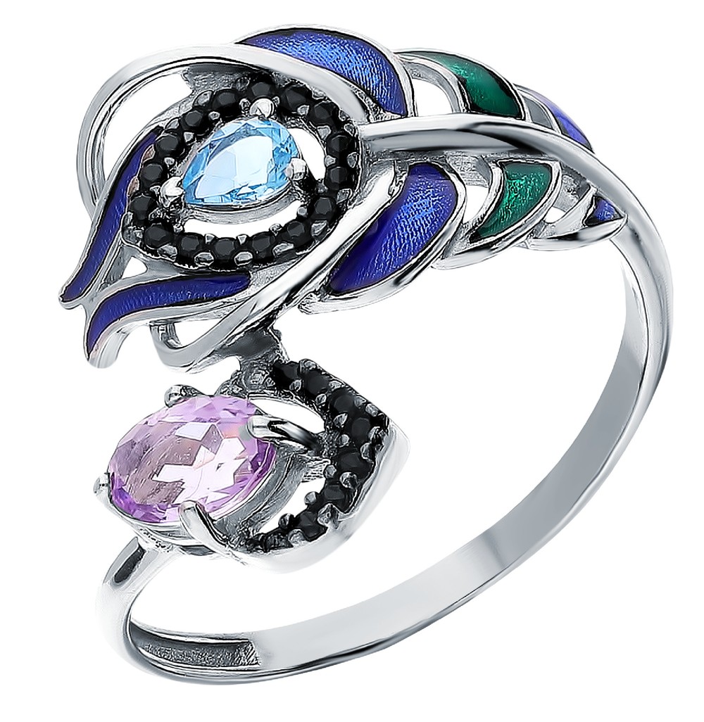 Серебряное кольцо с эмалью, топазами, аметистом и нанокристаллами в Новосибирске