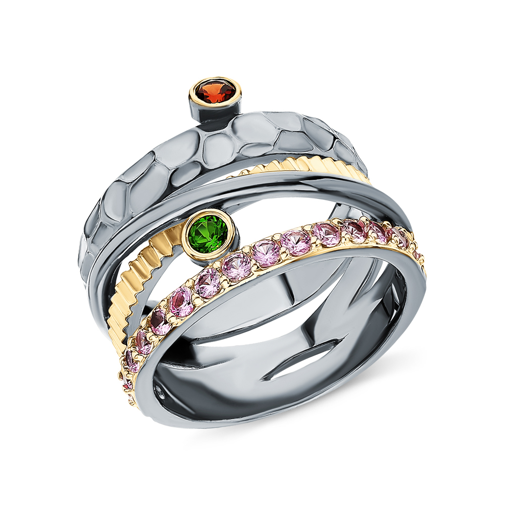 Серебряное кольцо с гранатом, сапфирами и диопсидами в Санкт-Петербурге