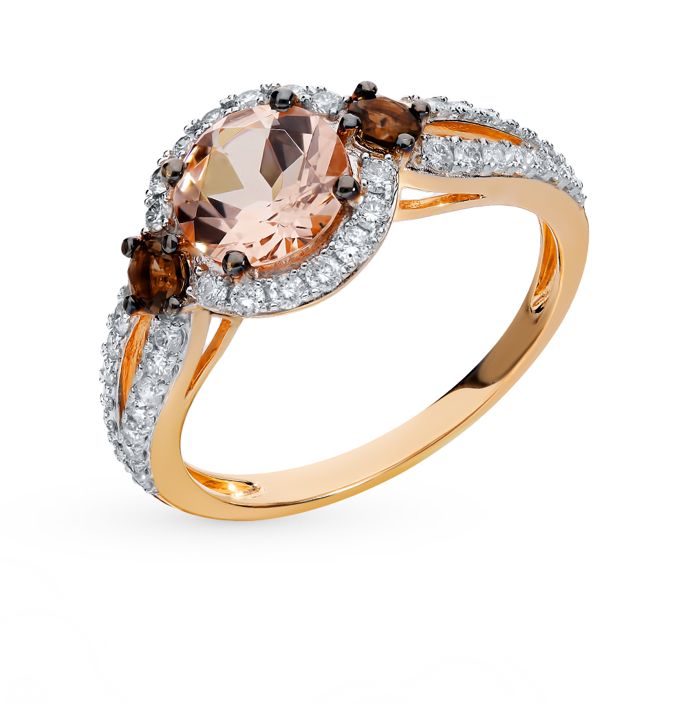 Золотое кольцо с коньячными бриллиантами, морганитами в Ростовe-на-Дону