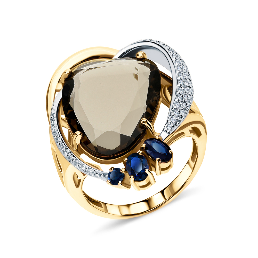Золотое кольцо с сапфирами, кварцами дымчатыми и бриллиантами в Новосибирске