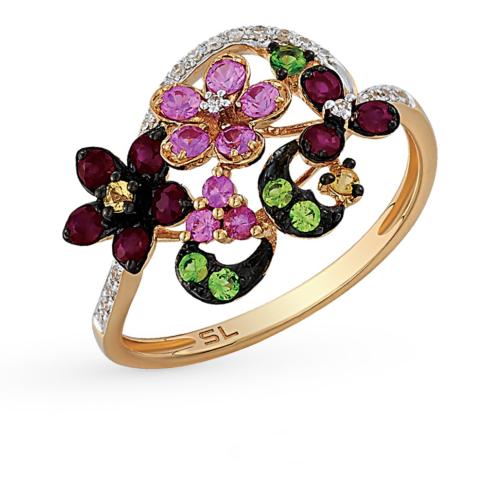 Золотое кольцо с гранатом, сапфирами, рубинами и бриллиантами в Екатеринбурге