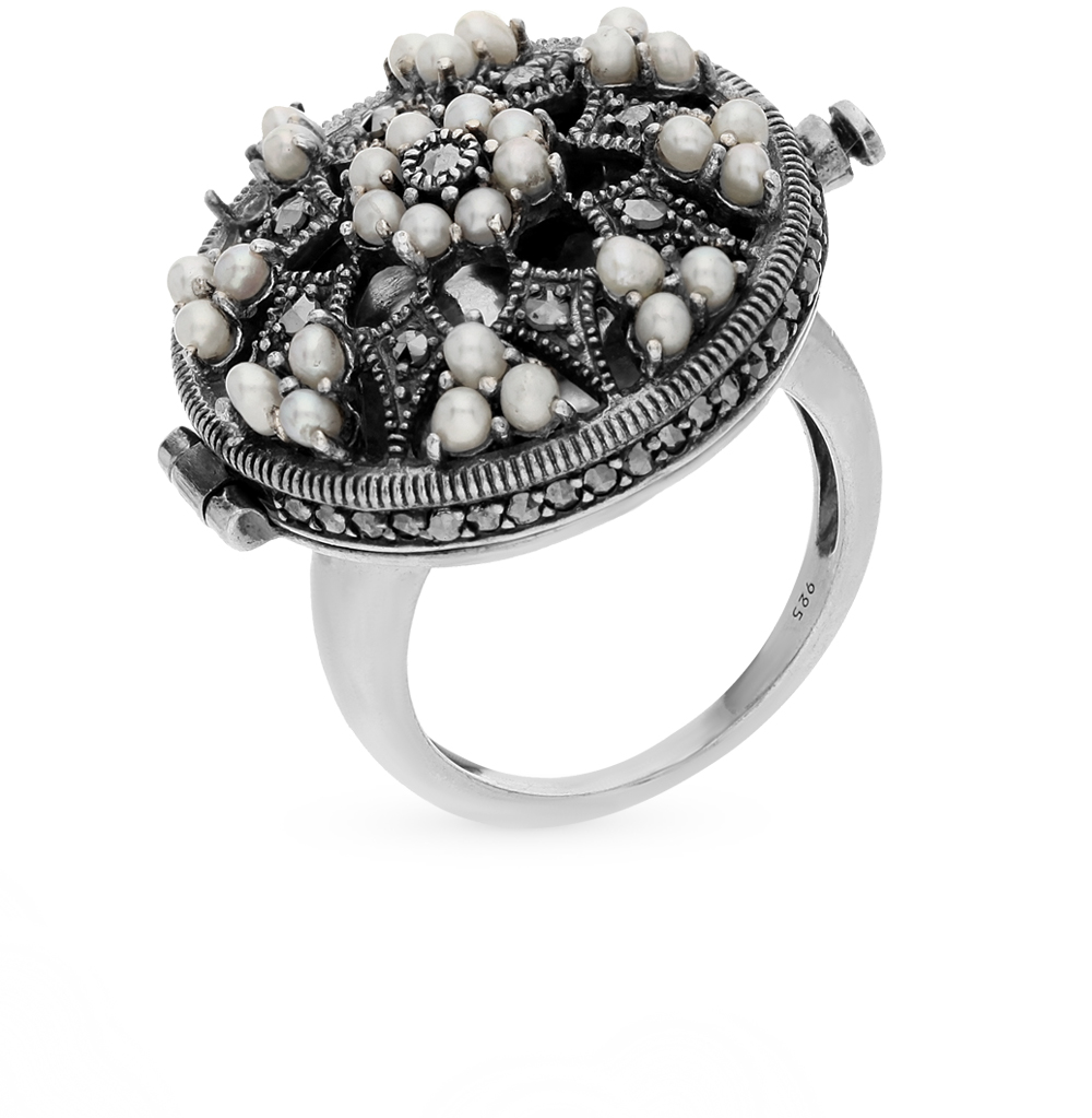 Серебряное кольцо с жемчугом и марказитами в Екатеринбурге