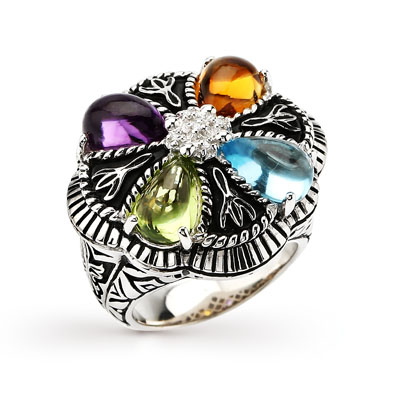 Фото «Серебряное кольцо с цитринами, фианитами, топазами, аметистом и хризолитом»