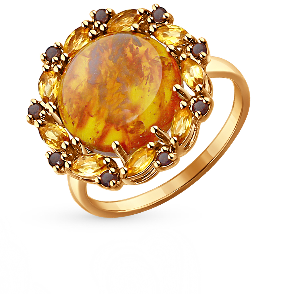 Фото «Золотое кольцо с янтарем, цитринами и раухтопазом»