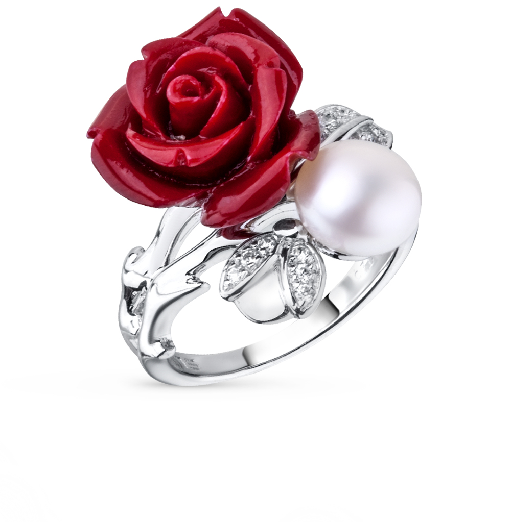 Фото «Серебряное кольцо с кораллом, жемчугом и фианитами»