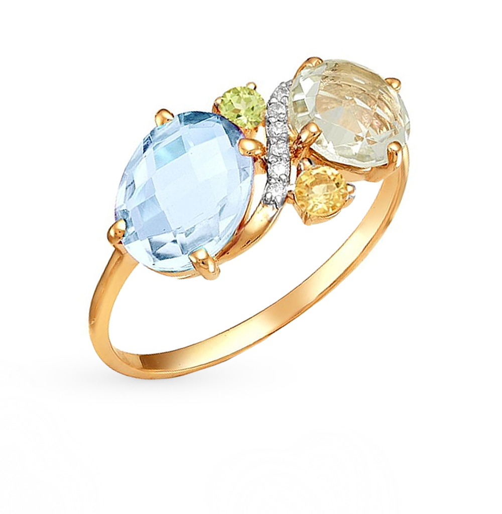 Фото «Золотое кольцо с цитринами, топазами, аметистом и хризолитом»