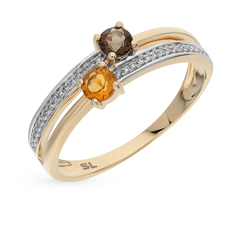 Золотое кольцо с цитрином, раухтопазом и бриллиантами в Самаре