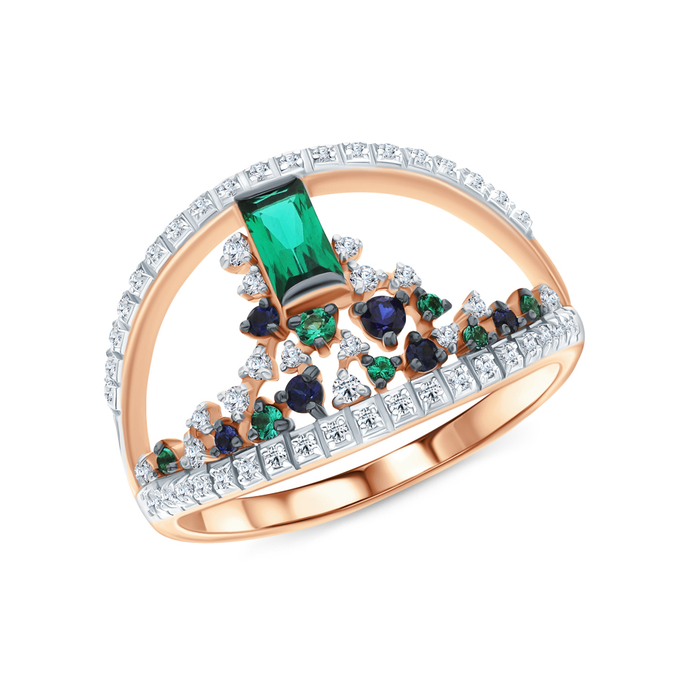 Золотое кольцо с изумрудами, сапфирами и бриллиантами в Екатеринбурге