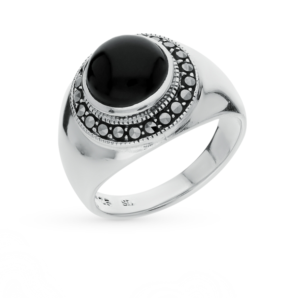Серебряное кольцо с ониксом и марказитами в Краснодаре