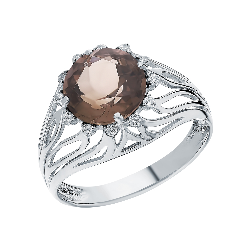 Серебряное кольцо с фианитами и кварцами дымчатыми в Краснодаре