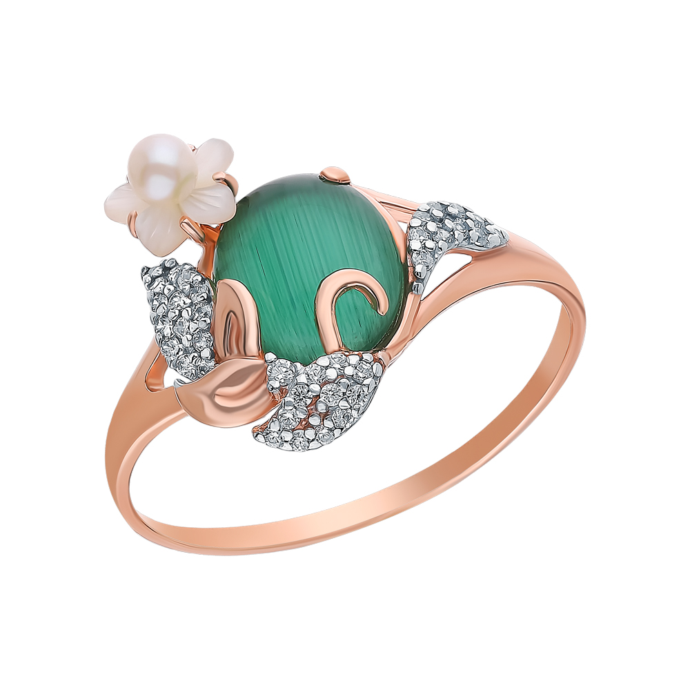 Фото «Серебряное кольцо с жемчугом, цирконием, перламутром и кошачьим глазом 94-01-4540-00»